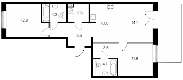 2-комнатная квартира 77.2 м², 1/9 эт., ЖК «Лермонтовский 54»